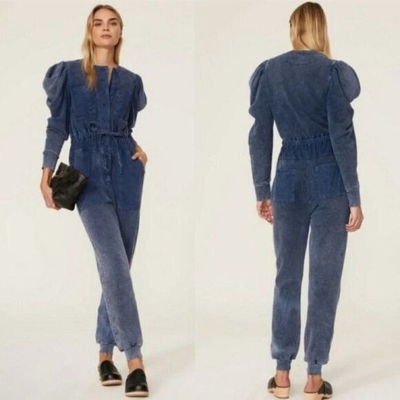 Ulla Johnson Indigo Acid Blue Sadie Puff-Sleeve 6-pocket Banded Cuffs Jumpsuit S - Picture 1 of 13